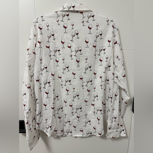 White Wine Glass Print Ladies button up blouse shirt - Picture 4 of 5